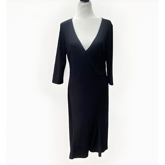 ANN TAYLOR LOFT BLACK, V-NECK, 3/4 SLEEVE, EMPIRE WAIST TULIP HEM MIDI DRESS 12 - Picture 1 of 4